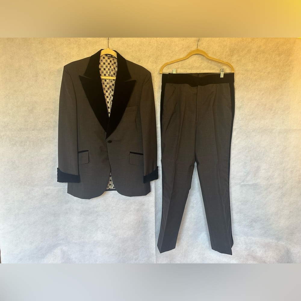 Vintage Lord West Charcoal Gray and Black Velvet Tuxedo. Size 40 Regular.